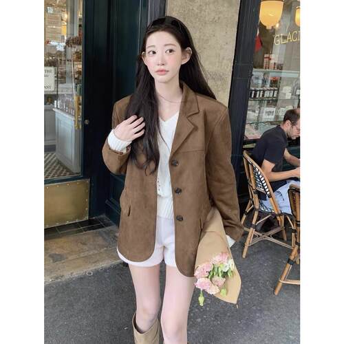 有货chic韩国秋冬美式复古咖色鹿皮绒西装外套美拉德长袖西服女