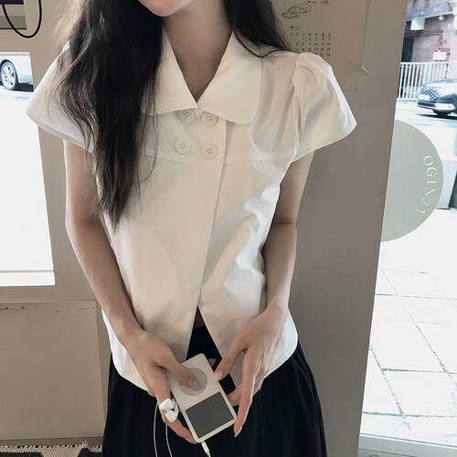 韩系娃娃领泡泡袖短袖衬衫女双排扣百搭翻领上衣
