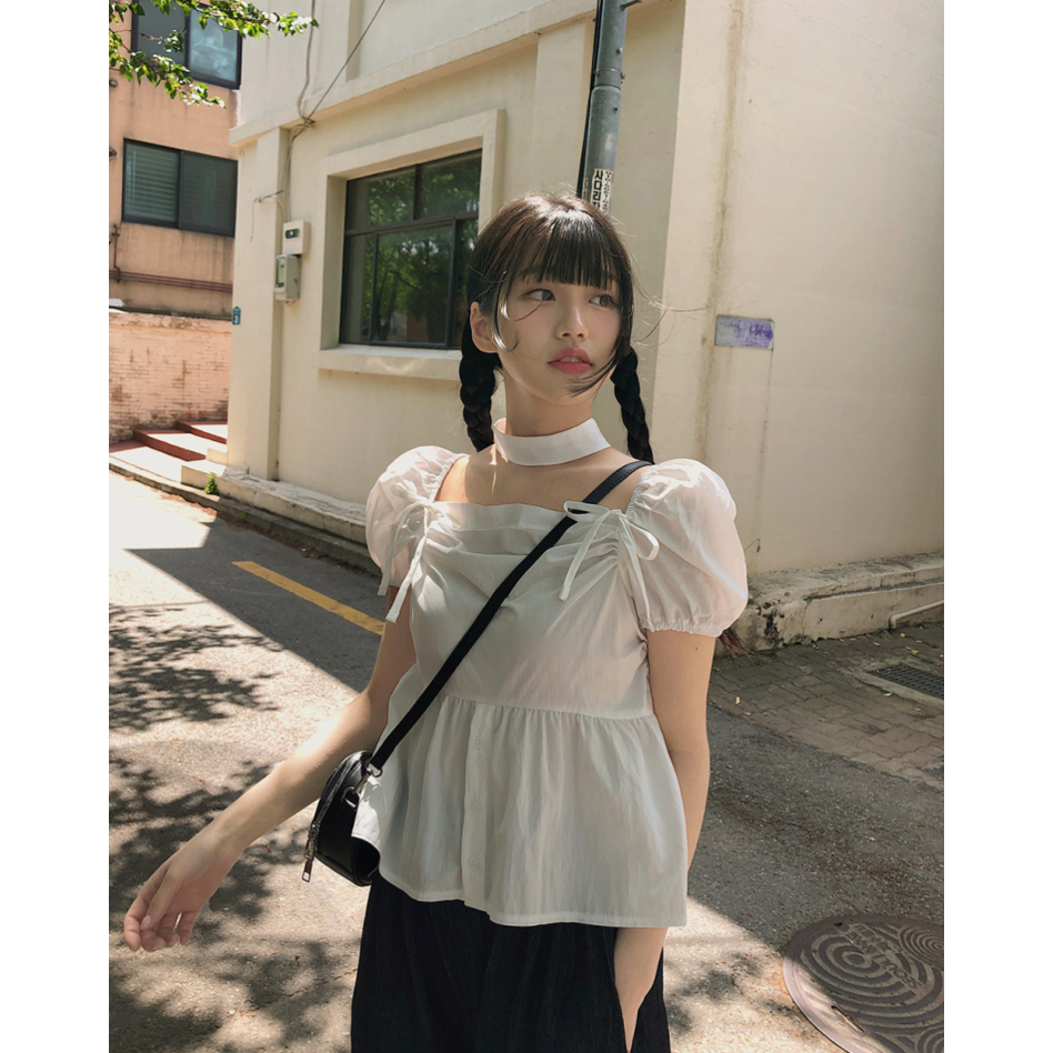 韩国chic夏季气质方领百搭项圈抽褶系带单排扣短袖衬衫女上衣