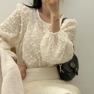 加色韩国chic早秋温柔圆领长袖 女气质打底上衣 蕾丝衫