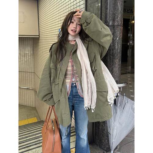 有货早秋新款 复古宽松休闲立领中长款工装风衣夹克外套女
