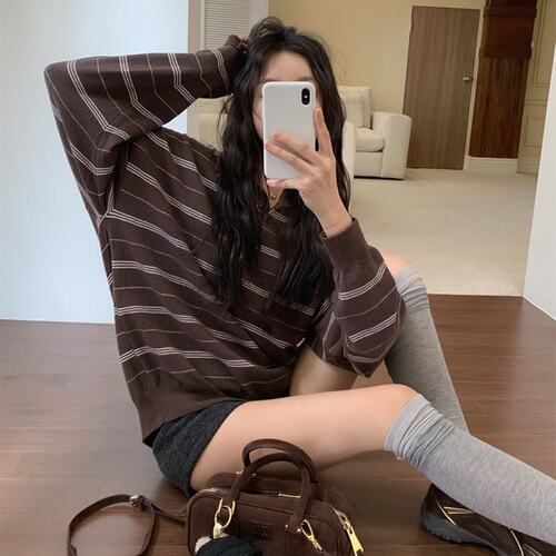 有货ins韩国秋季新学院风POLO翻领条纹宽松针织衫少女毛衣上衣