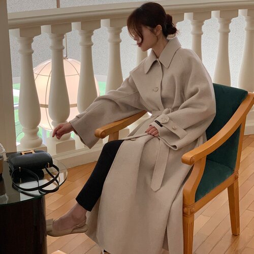 有货 韩国东大门复古气质翻领单排扣侧开叉系带毛呢外套大衣女