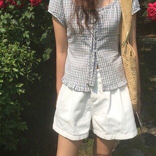 韩国chic 夏日 荷叶边 单排扣短袖 格子衬衫