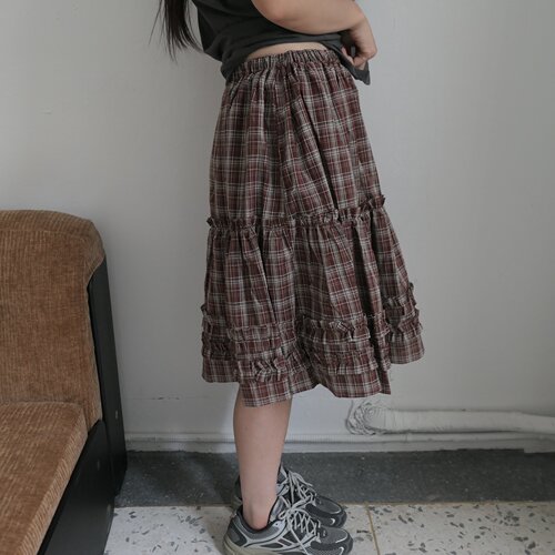 有货 韩版复古日系格纹学院风松紧腰百搭木耳边半身裙伞裙女