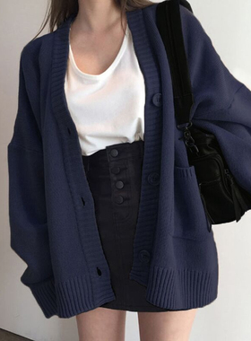韩国秋冬V领藏青色针织开衫宽松外穿卡其色慵懒风黑色毛衣外套女