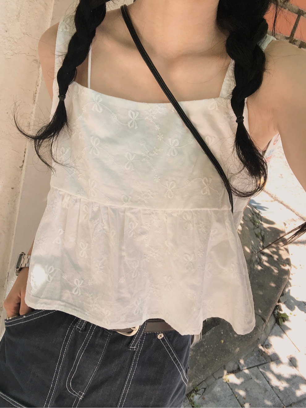 韩国ins复古时尚学院风少女全棉刺绣后背系带辣妹吊带背心女士