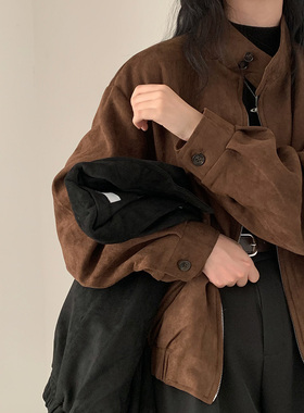 加绒加厚韩国ins秋冬复古保暖鹿皮绒双拉链外套夹克