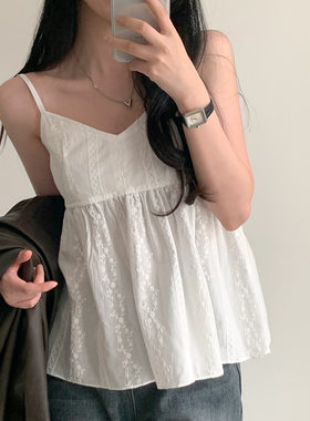 鬼马少女韩国chic夏季新款全棉绣花时尚吊带背心女ins复古辣妹装