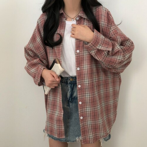 有货 韩国chic秋日学生单排扣显瘦宽松格子衬衫女长袖衬衣