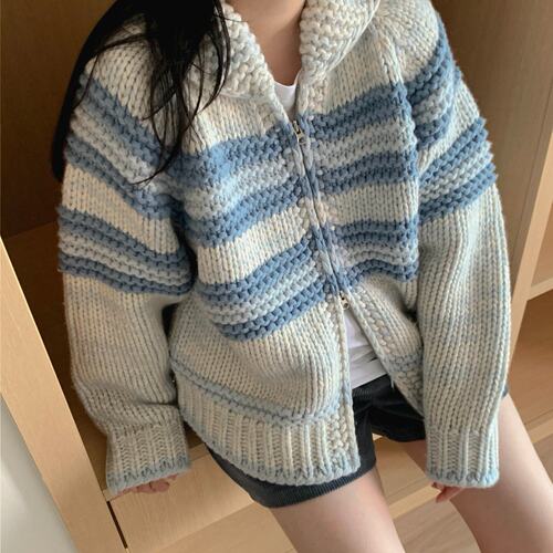 有货chic韩国乃呼呼自带松弛感渐变彩色宽松百搭娃娃领毛衣外套女