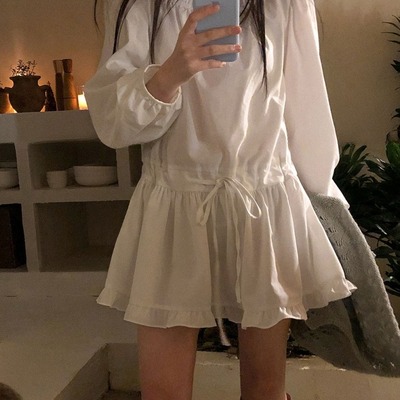 韩国ins 早春日 收腰 绑带 荷叶边 长袖  连衣裙