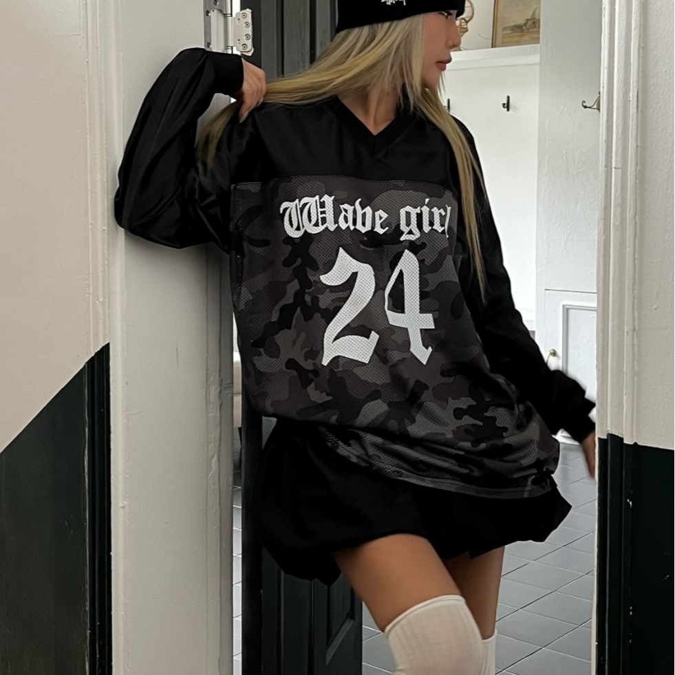 3色韩国ins街头复古滑板unisex中性字母迷彩拼接宽松T恤网眼球衣