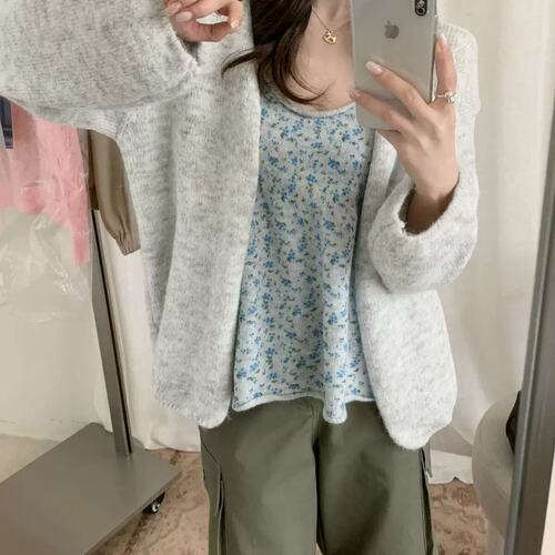 有货韩系温柔风碎花氛围感超出片针织开衫+背心两件套套装