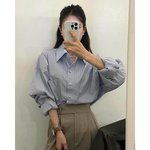 有货 韩国chic秋季新款气质淑女冷淡风小众 条纹衬衫女 长袖衬衣