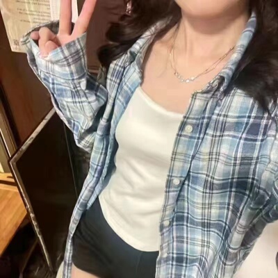 长袖复古格子衬衫宽松