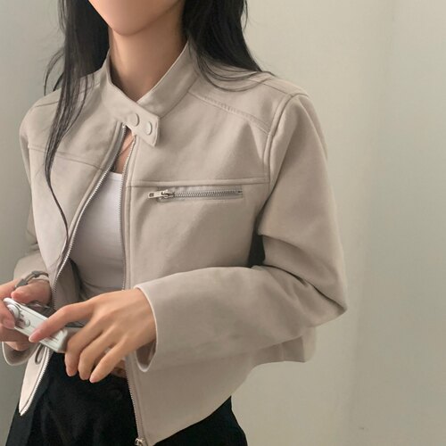 有货 韩国ins早秋 气质 立领 高腰短款 小外套 麂皮绒机车上衣