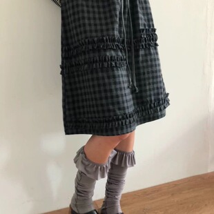新款韩国复古学院少女磨毛格子花边拼接半身裙中裙短裙