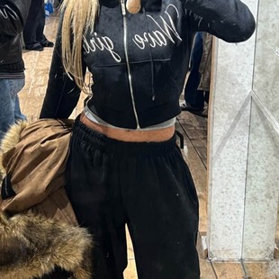 套装 运动裤 休闲 卫衣卫裤 3色加绒韩国辣妹风刺绣字母连帽拉链短款