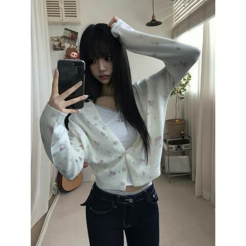 已出货   韩国ins 甜美晕染花卉印花针织开衫