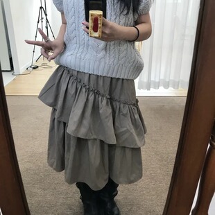 三色早春新款韩国少女不对称斜花边荷叶边大裙摆半身裙纯色日系