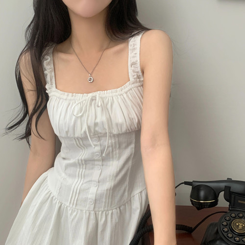 韩国chic夏日 提花 打揽设计 压褶 系带 背心连衣裙