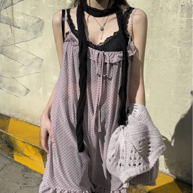 三色夏季新款韩国ins波点YK风圆点木耳花边吊带雪纺裙日系可爱