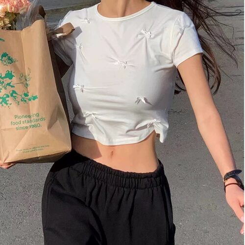 夏季新款少女韩国东大门立体手工蝴蝶结短袖紧身T恤上衣可爱