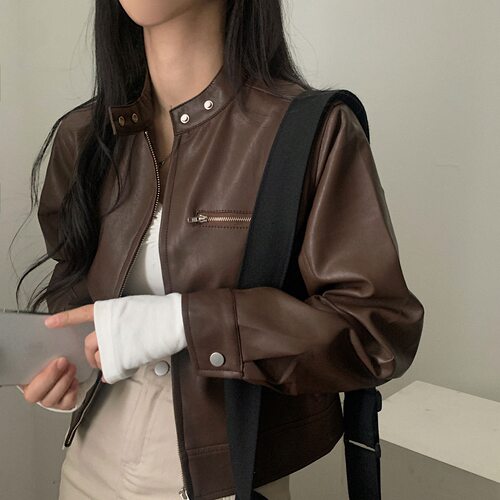 有货 韩国ins 早秋新款气质学生 pu皮 机车皮衣半高领 棒球服皮衣