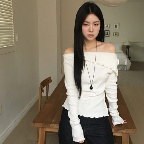 有货 韩国chic早秋气质侧面扣子木耳边 坑条 翻领 开叉长袖T恤女