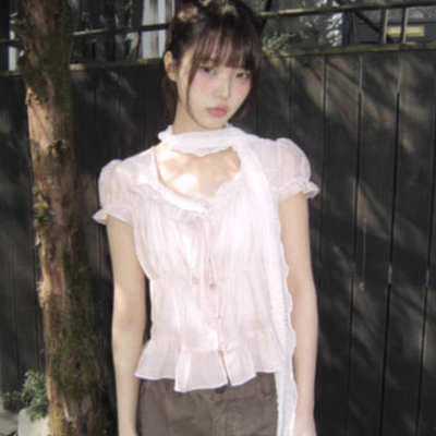 温柔花边 韩女感复古氛围短袖衬衫上衣