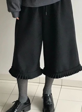 秋冬毛呢厚款 韩国复古花边压褶宽松纯色裤腿分裤直筒日系少女