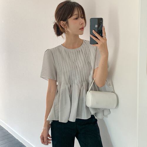 已出  韩系  夏日小衫立体塔克褶压褶圆领上衣 女