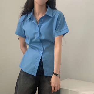 初始定制鬼马少女韩国chic单排扣衬衣女收腰显瘦气质短款短袖衬衫
