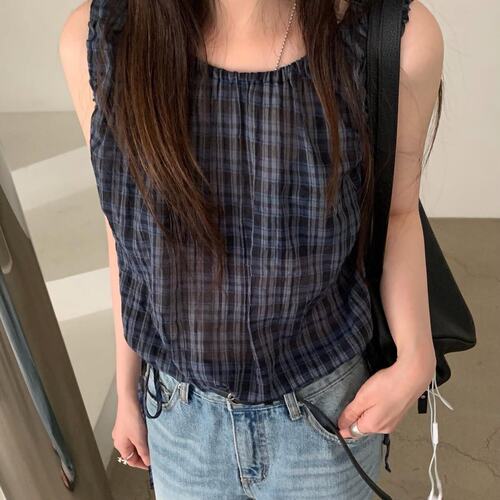 已出货尺码更新韩国chic夏季新款甜美格子腰部抽绳显瘦无袖衫
