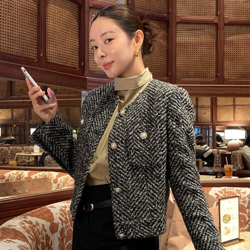 有货 韩国chic法式复古气质高级感休闲显瘦粗花呢小香风短外套女
