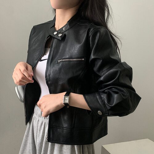 已出货  韩国ins 秋冬气质 机车皮衣 半高领 棒球服皮衣