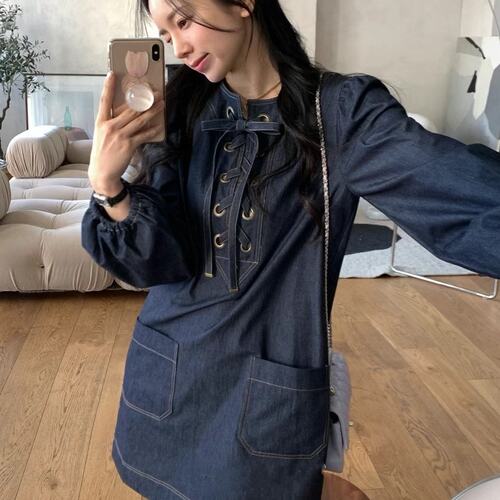 有货INS韩国东大门设计感绑带灯笼袖牛仔娃娃裙连衣裙女