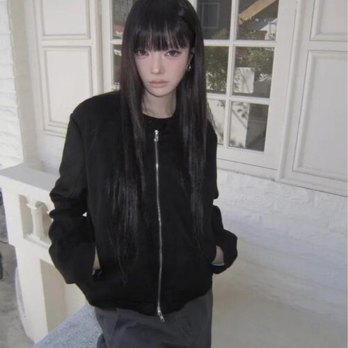 有货 韩国ins秋日新款气质显瘦双头拉链机车夹克女麂皮短外套