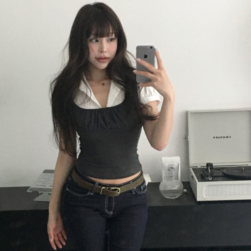 泡泡袖拼接假两件甜妹穿搭日杂少女感白色短袖衬衫图片