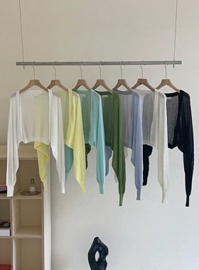 针织开衫小外套女秋薄款宽松外搭空调防晒罩衫坎肩灯笼袖短款上衣