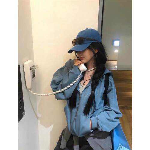 章若楠同款韩国设计师秋宽松休闲海蓝色连帽卫衣外套女