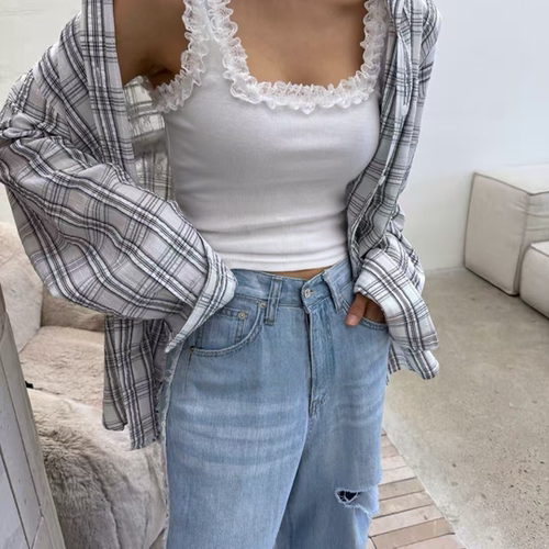 有货 韩国chic 夏季新款花边百搭吊带背心