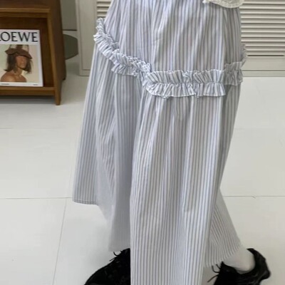 2色入韩国ins夏季简单干净竖条纹花边宽松松紧腰半身裙日系甜美