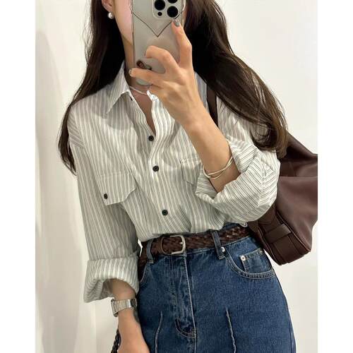 尺码更 有货 韩国chic 早秋单排扣口袋 宽松 长袖衬衫女条纹衬衣