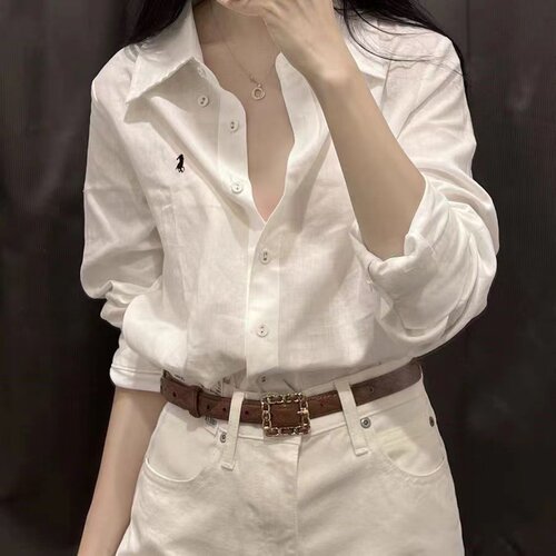 纯棉小马标刺绣上衣春秋韩版夏新款白色长袖休闲宽松小众衬衫外套