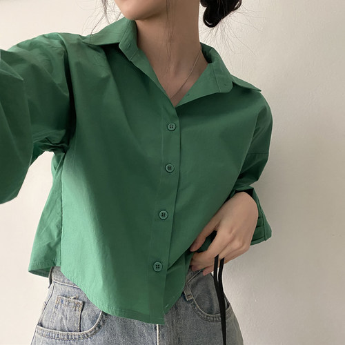 有货 韩国ins 早秋  后开叉 小心机 短款白色衬衣女 长袖衬衫