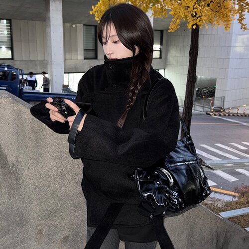 有货 韩国金敏喜同款复古气质慵懒立领毛呢外套夹棉棉服短款大衣