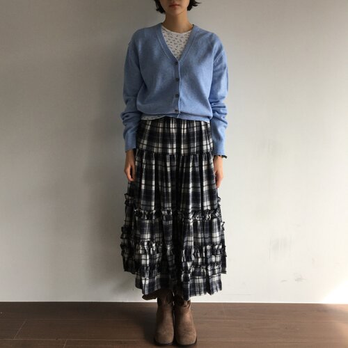 有货 韩国chic秋季复古格纹休闲学院风拼接木耳边中长款半身裙女
