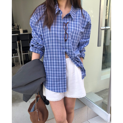 有货 韩国chic秋季新款单排扣蓝色格子衬衫女燕尾长袖衬衣女